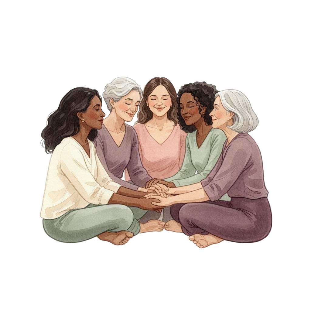 Watercolor illustration of six diverse women sitting together in a sister circle